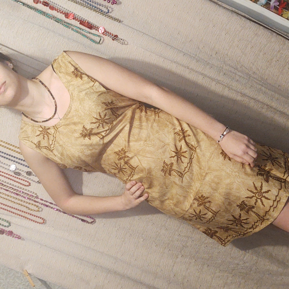 Rima Tan Tropical Print Beach/Resort Dress Lg